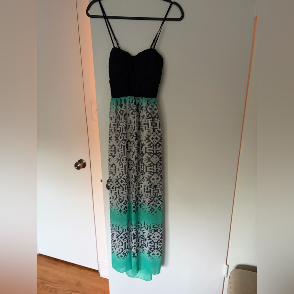 Navy and Green Strapless Maxi Dress